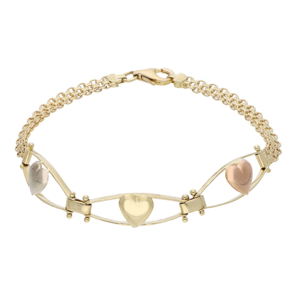 Pulsera eslabón tejido con aplicaciones motivo corazón en oro tres tonos 14 kilates.