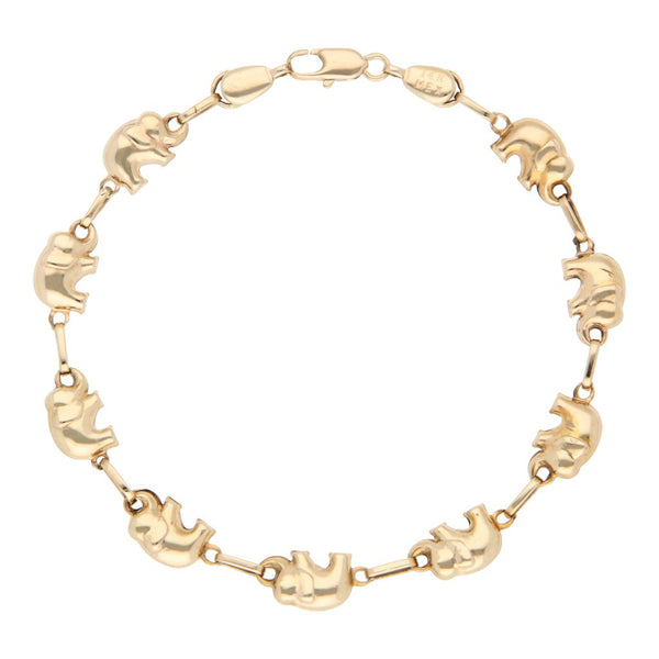 Pulsera eslabón cruzado con aplicaciones motivo elefantes en oro amarillo 14 kilates.