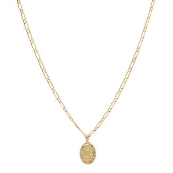 Collar eslabón uno por uno platinados con medalla diseño especial motivo Virgen de Guadalupe y circonias en oro amarillo 14 kilates.