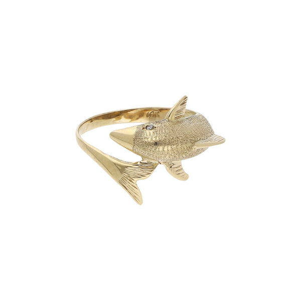 Anillo diseño especial con circonias motivo delfín en oro amarillo 14 kilates.