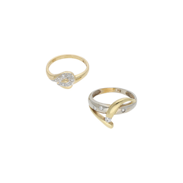 Dos anillos diseño especial con diamantes y circonias en oro dos tonos 14 kilates.