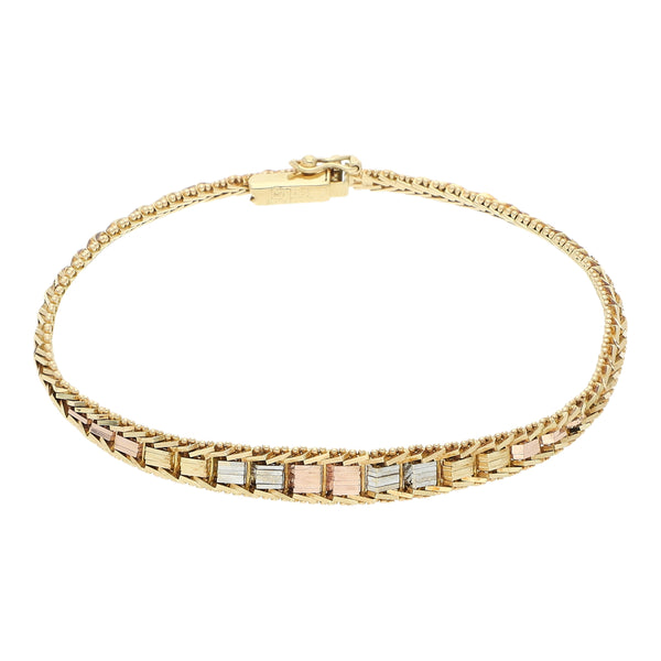 Pulsera eslabón boleado en oro tres tonos 14 kilates.