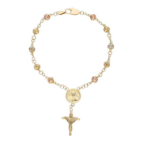 Pulsera tipo rosario eslabón cruzado en oro tres tonos 14 kilates.