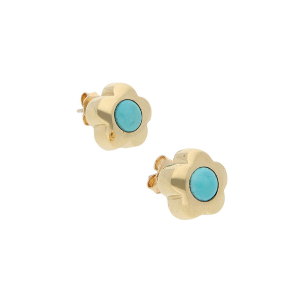 Broqueles diseño especial motivo flor con turquesas en oro amarillo 14 kilates.