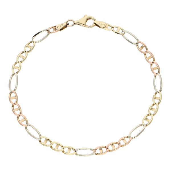 Pulsera eslabón combinado en oro tres tonos 14 kilates.