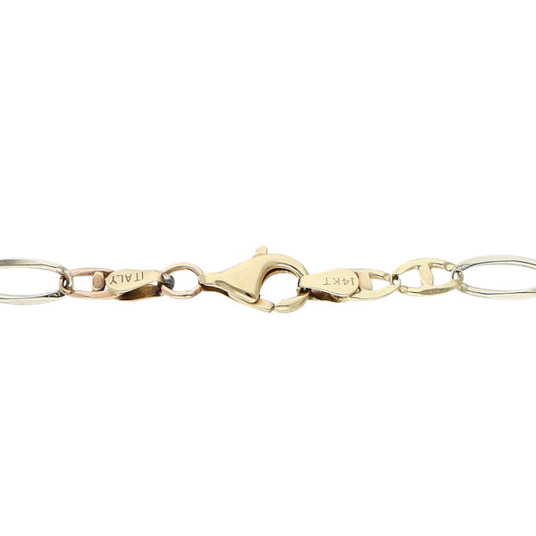Pulsera eslabón combinado en oro tres tonos 14 kilates.