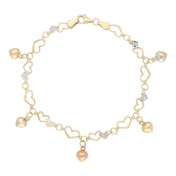 Pulsera eslabón encontrado con aplicaciones y colgantes motivo corazón en oro tres tonos 14 kilates.