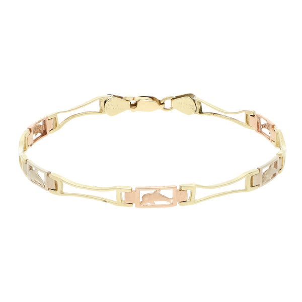 Pulsera eslabón articulado motivo delfín en oro tres tonos 14 kilates.
