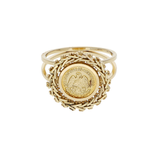 Anillo diseño especial con aplicación motivo moneda en oro amarillo 14 kilates.
