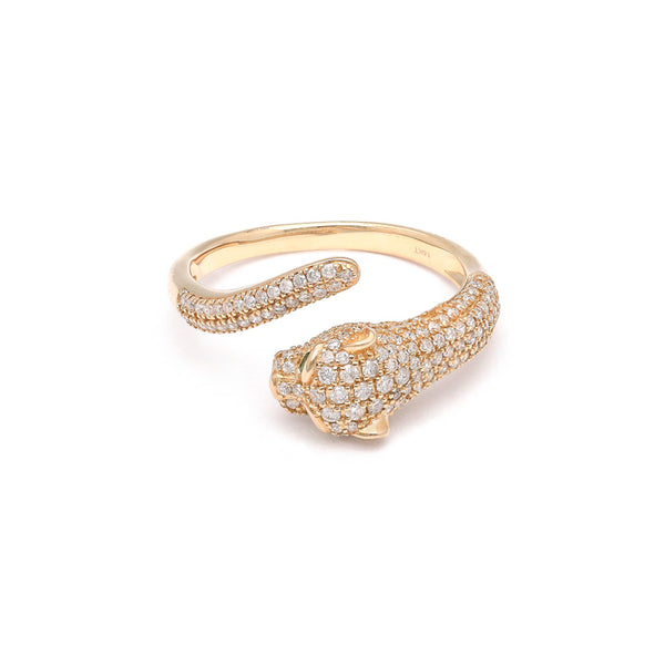 Anillo diseño especial con diamantes y esmeraldas motivo pantera en oro amarillo 14 kilates.