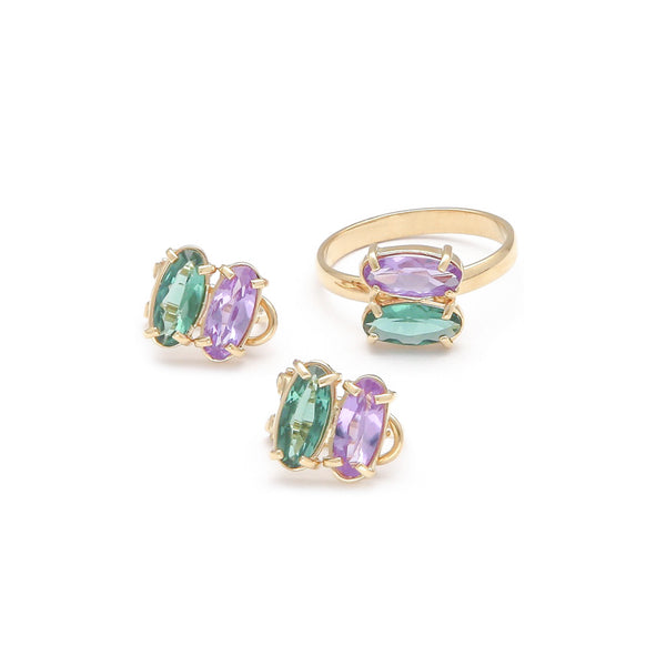 Juego de anillo y aretes diseño especial con alejandrina y cuarzo en oro amarillo 14 kilates.