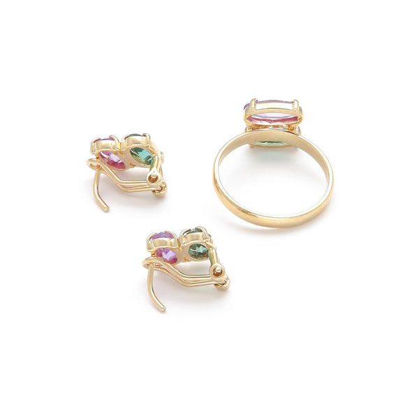Juego de anillo y aretes diseño especial con alejandrina y cuarzo en oro amarillo 14 kilates.