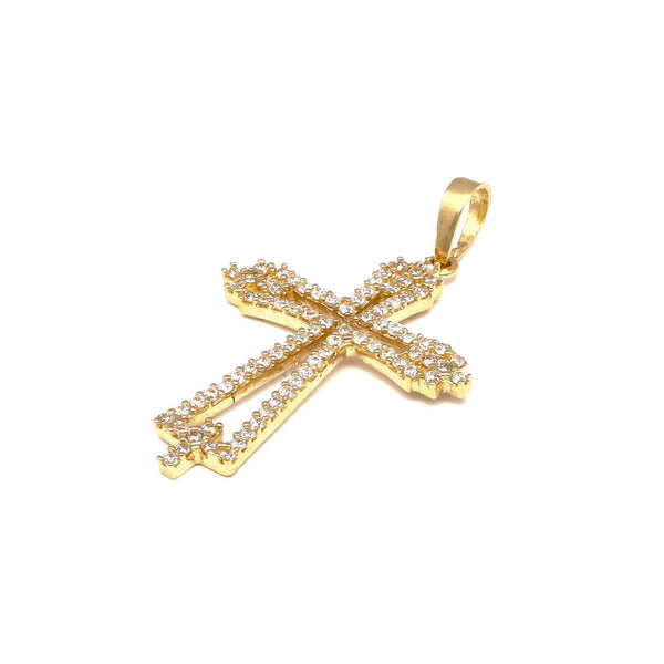 Cruz diseño especial con circonias en oro amarillo 14 kilates.