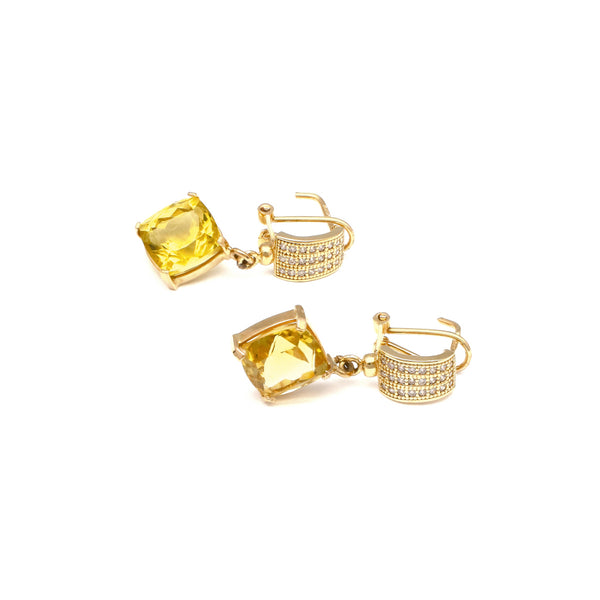 Aretes diseño especial con colgante de citrinos y circonias en oro amarillo 14 kilates.
