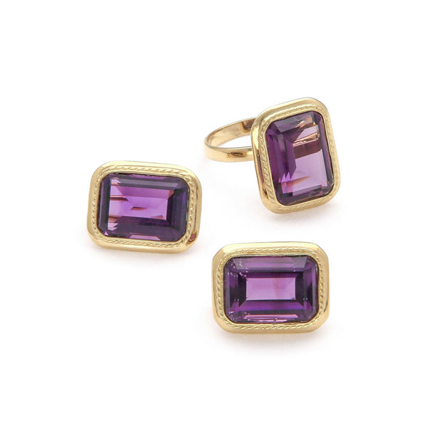 Juego de artes y anillo diseño especial con amatistas en oro amarillo 14 kilates.