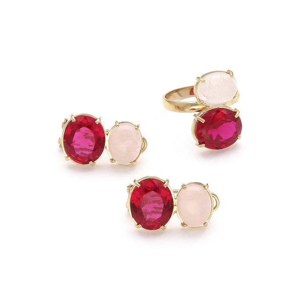 Juego de anillo y aretes diseño especial con rubíes y piedra lunar en oro amarillo 14 kilates.