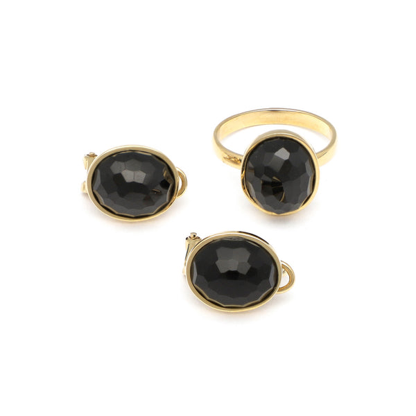 Juego de anillo y aretes diseño especial con ónix en oro amarillo 14 kilates.