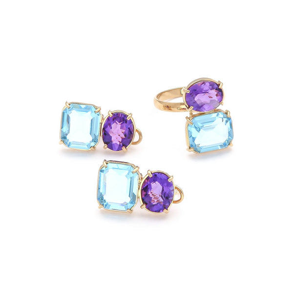 Juego de anillo y aretes diseño especial con amatista y topacio en oro amarillo 14 kilates.