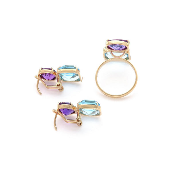 Juego de anillo y aretes diseño especial con amatista y topacio en oro amarillo 14 kilates.