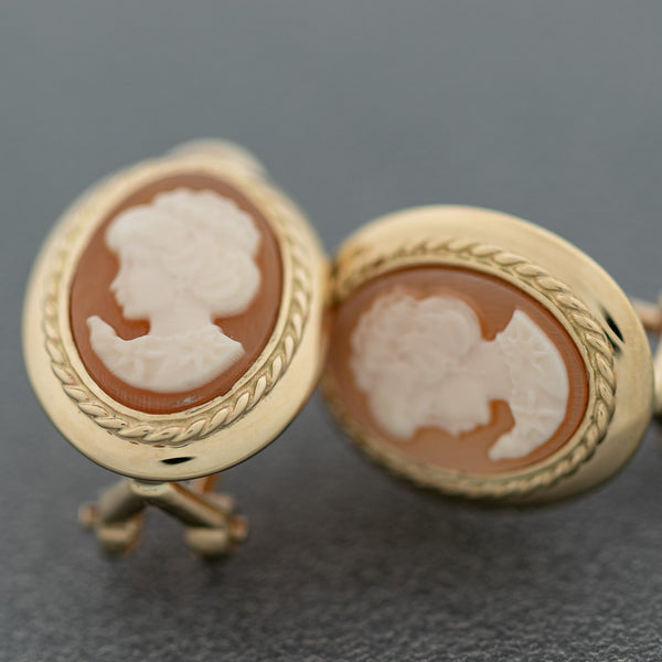 Aretes diseño especial motivo camafeo con corniola en oro amarillo 14 kilates.