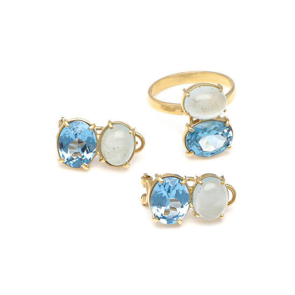 Juego de anillo y aretes diseño especial con blue London y piedra de luna en oro amarillo 14 kilates.
