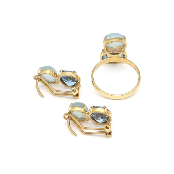 Juego de anillo y aretes diseño especial con blue London y piedra de luna en oro amarillo 14 kilates.