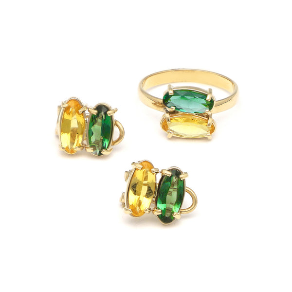 Juego de anillo y aretes diseño especial con citrino y cuarzo en oro amarillo 14 kilates.