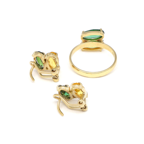 Juego de anillo y aretes diseño especial con citrino y cuarzo en oro amarillo 14 kilates.