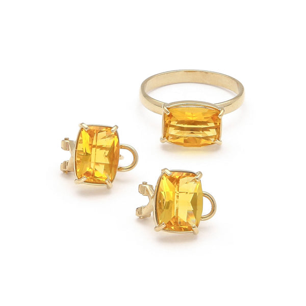 Juego anillo y aretes diseño especial con citrinos en oro amarillo 14 kilates.