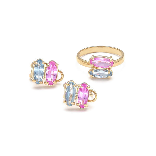 Juego anillo y aretes diseño especial con rosas de Francia y topacios en oro amarillo 14 kilates.