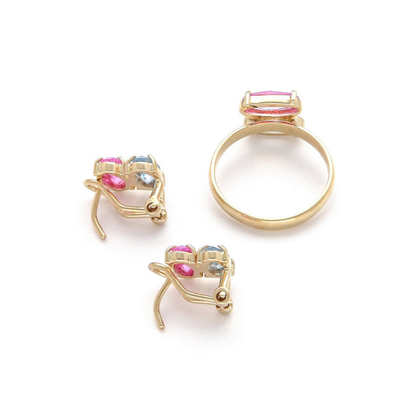 Juego anillo y aretes diseño especial con rosas de Francia y topacios en oro amarillo 14 kilates.
