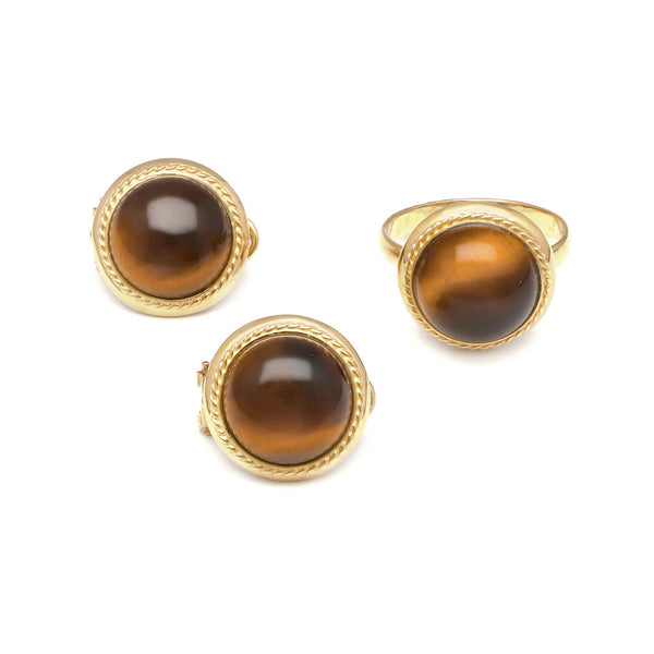 Juego de anillo y aretes diseño especial con ojo tigre en oro amarillo 14 kilates.