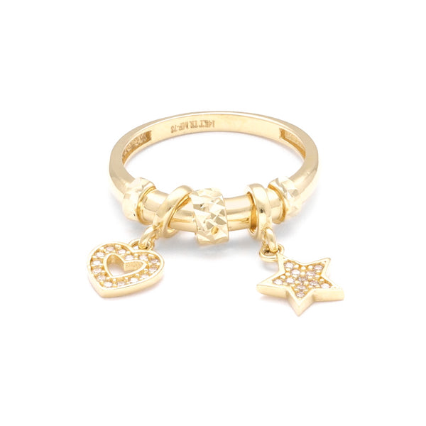 Anillo diseño especial con colgantes motivo corazón y estrella con circonias en oro amarillo 14 kilates.