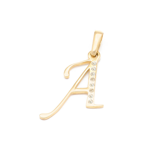 Dije liso con circonias motivo letra A en oro amarillo 14 kilates.