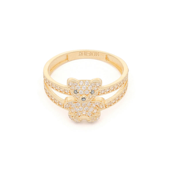 Anillo diseño especial motivo oso con circonias en oro amarillo 14 kilates.