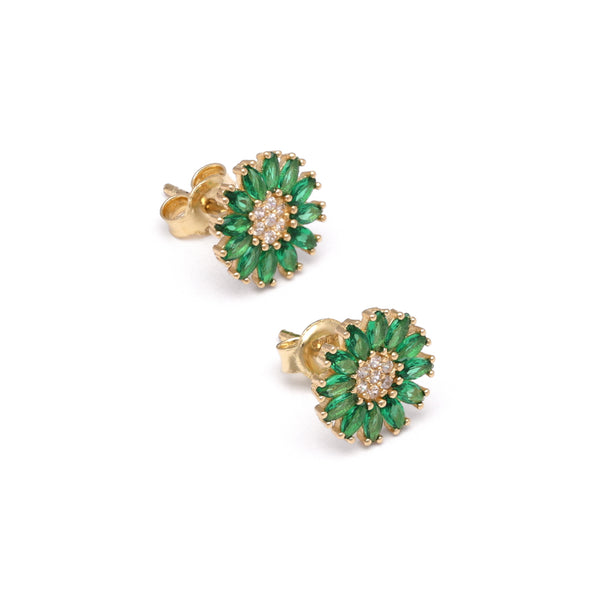 Aretes diseño especial con sintéticos motivo flor en oro amarillo 14 kilates.