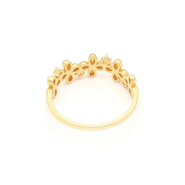 Anillo diseño especial motivo flores con circonias en oro amarillo 14 kilates.