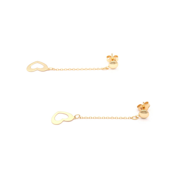 Aretes diseño especial con colgantes motivo corazón en oro amarillo 14 kilates.
