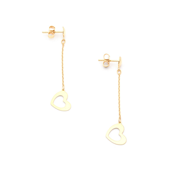 Aretes diseño especial con colgantes motivo corazón en oro amarillo 14 kilates.
