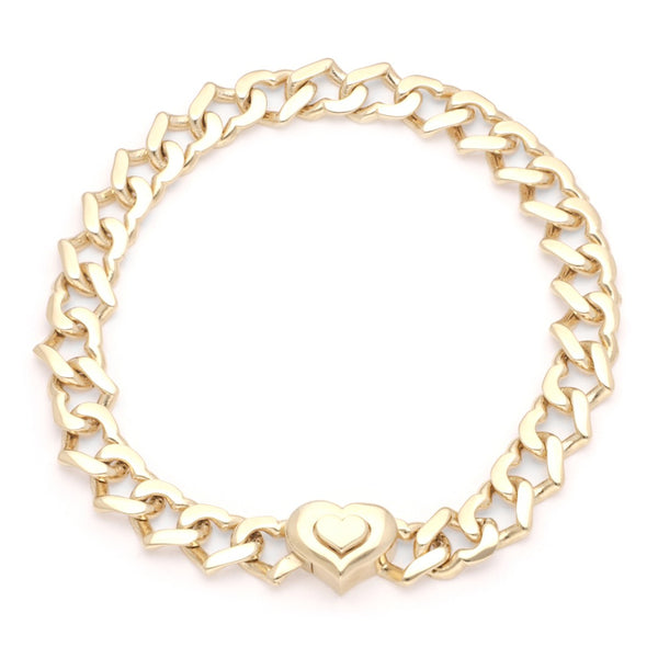 Pulsera eslabón encontrado motivo corazón en oro amarillo 14 kilates.