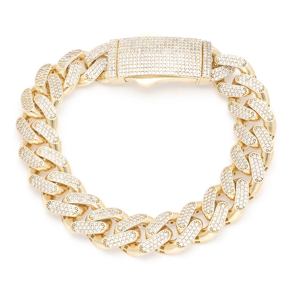 Pulsera eslabón barbado con circonias en oro amarillo 14 kilates.
