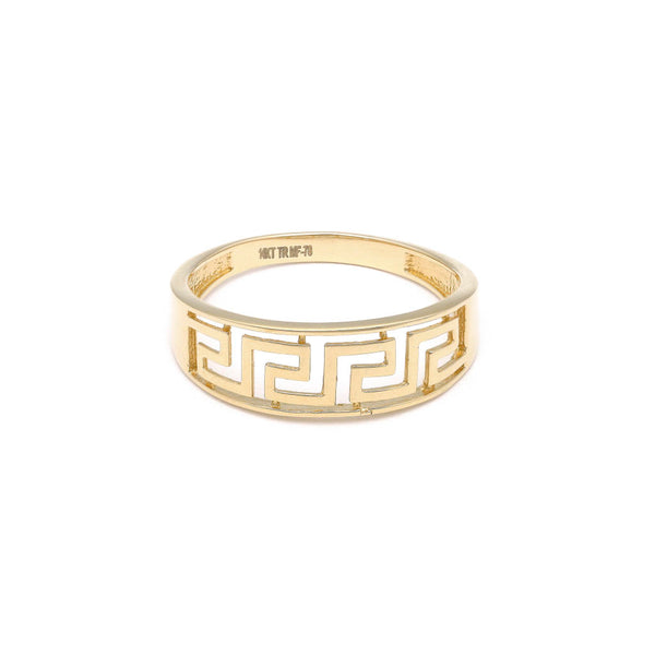 Anillo calado motivo grecas en oro amarillo 14 kilates.