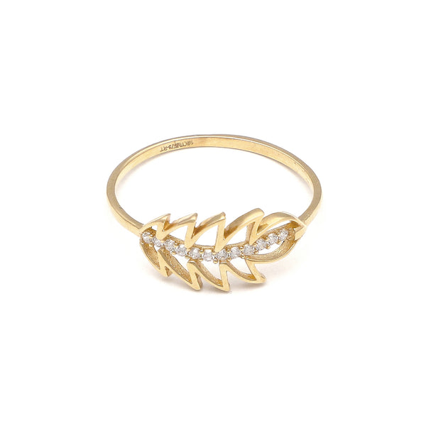 Anillo calado con circonias motivo hoja en oro amarillo 14 kilates.