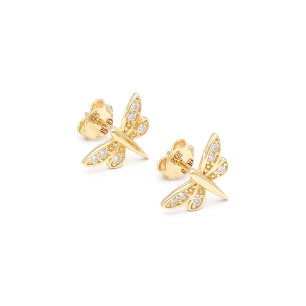 Aretes diseño especial motivo libélula con circonias en oro amarillo 14 kilates.