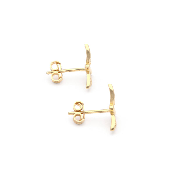 Aretes diseño especial motivo libélula con circonias en oro amarillo 14 kilates.