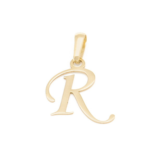 Dije liso motivo letra R en oro amarillo 14 kilates.
