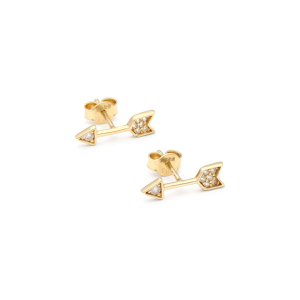 Aretes diseño especial con circonias motivo flecha en oro amarillo 14 kilates.