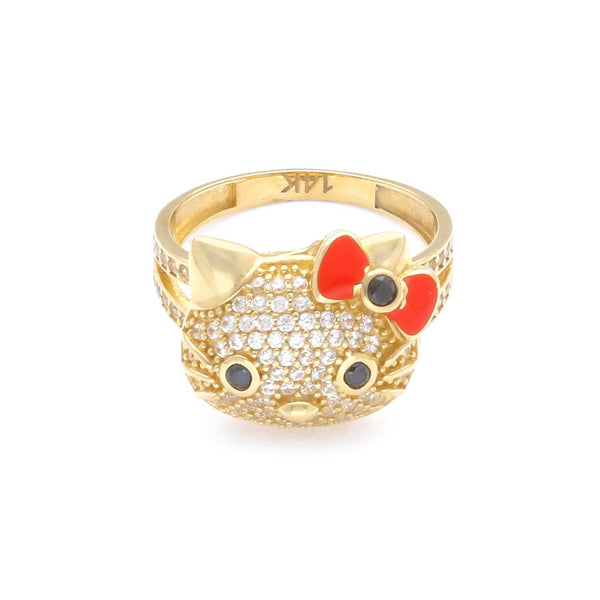 Anillo diseño especial motivo gato con circonias en oro amarillo 14 kilates.