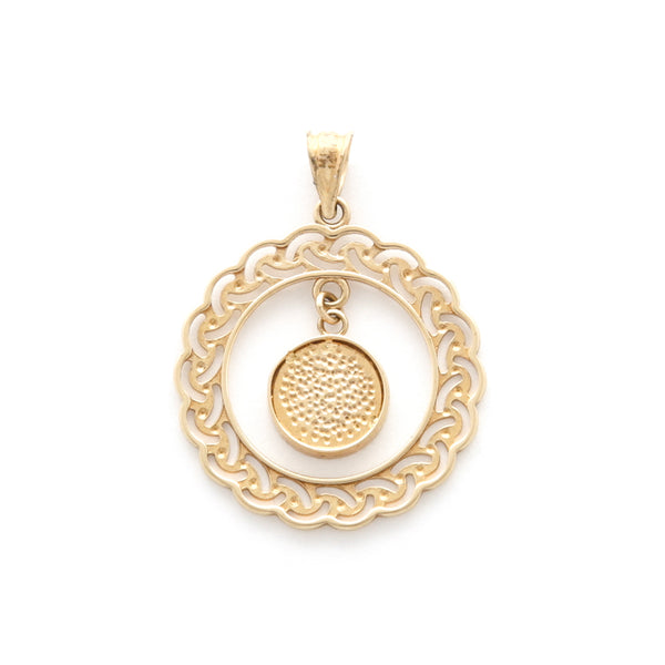 Dije calado con colgante motivo circulo en oro amarillo 14 kilates.