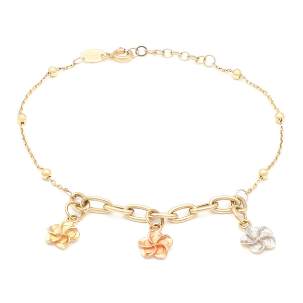 Pulsera eslabón cruzado con aplicaciones y colgantes motivo flores en oro amarillo 14 kilates.